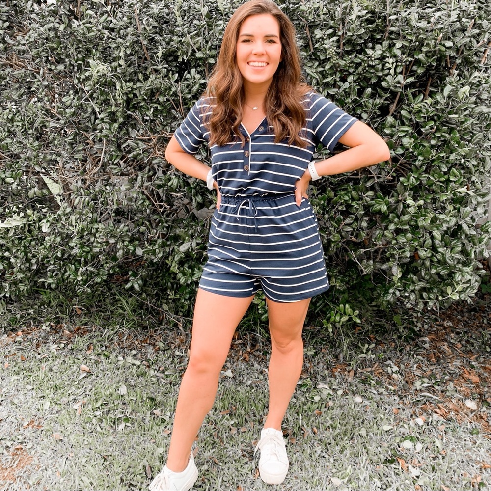 Navy and white striped romper with buttons medium